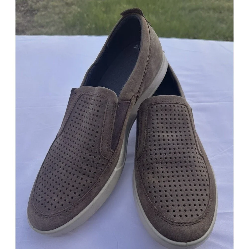 ECCO Slip On Brown Leather Shoes Perf Vamp 45 Mens 11 M Smooth Loafers Stretch